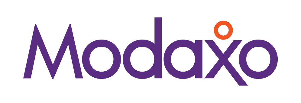 The image shows the Modaxo logo in bold purple text. The letter "o" features an orange accent, adding a modern and vibrant touch.
