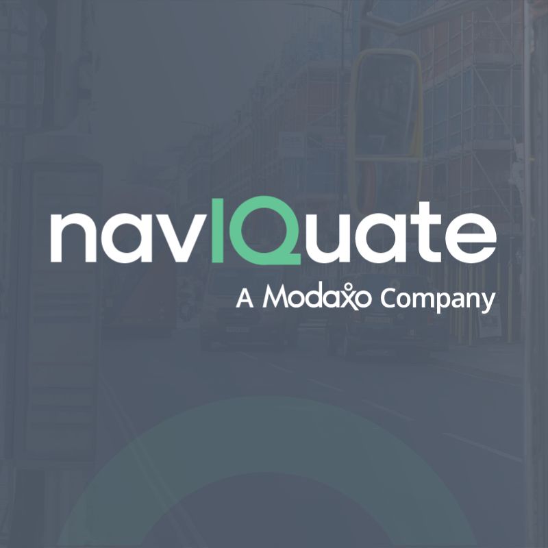 Logo with text “naviQuate” in white, featuring a green "IQ." Below, it reads “A Modaxo Company.” Background shows a blurred city street.